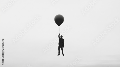 Obraz na płótnie Man floats skyward, holding balloon, misty background; hope concept w salonie