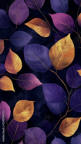 Colorful leaves in shades of purple and gold on a dark background during autumn