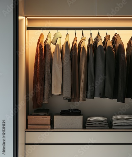 Stylish organized closet with warm lighting showcasing a variety of garments ...