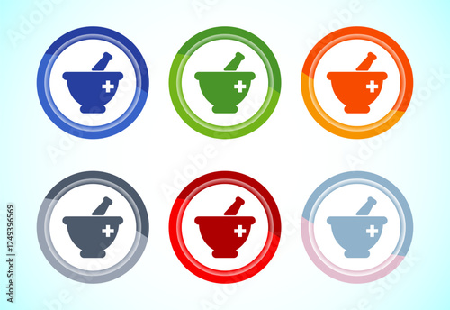 Mortar and pestle icon design illustration. Pharmacy sign symbol for app, website, and logo. 6 color button design set