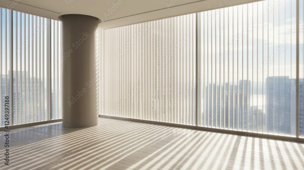 Fototapeta premium A spacious modern interior with large floor-to-ceiling windows allowing soft natural light.