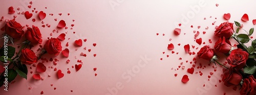 Beautiful red roses and heart shaped petals create a romantic atmosphere for ...