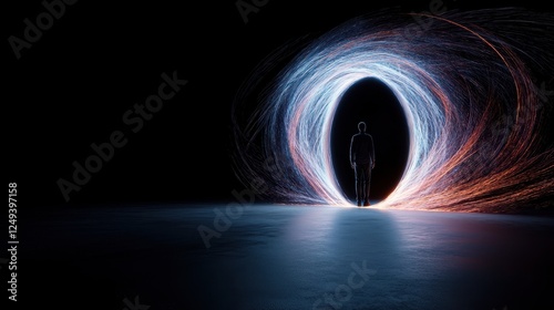 Surreal Portal with Silhouette Emerging from Energetic Light Swirls