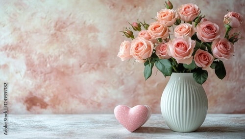 Beautiful pastel roses in a vase with a heart decoration on a neutral background