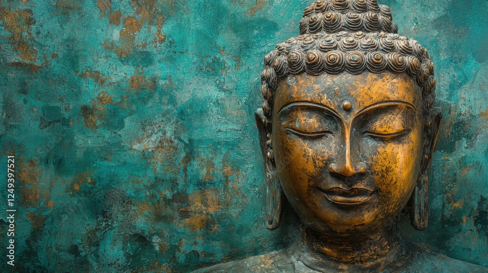 Buddha head statue displayed on a textured wall in a serene and peaceful setting Buddha head statue displayed on a textured wall in a serene and peaceful setting