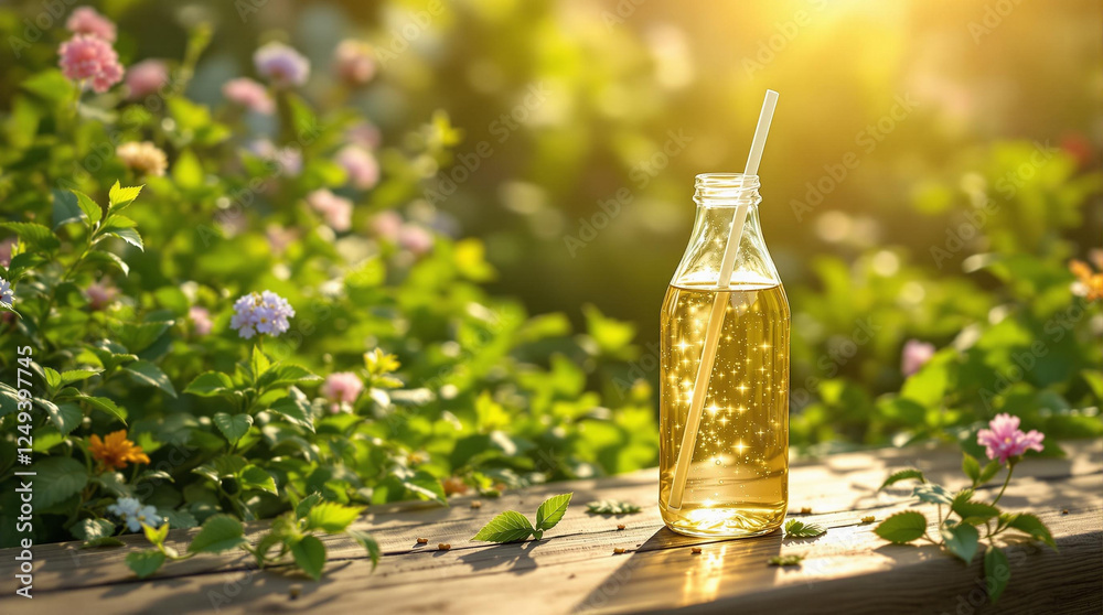 Refreshing drink mockup bottle with straw in sunny garden, vibrant ambience Refreshing drink mockup bottle with straw in sunny garden, vibrant ambience