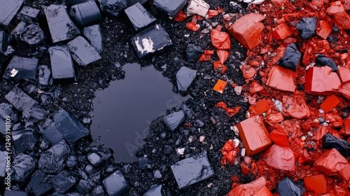 Overflowing Landfill Site: A Study in Contrasts - A stark image symbolizing pollution, waste disposal, environmental damage, resource depletion photo