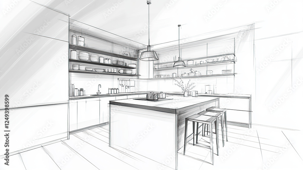 Kitchen interior drawing by pencil Kitchen interior drawing by pencil
