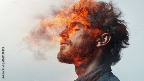A man with fiery elements emerging from his head represents intense emotions and thoughts, merging the human form with abstract fire, creating a striking visual declaration.