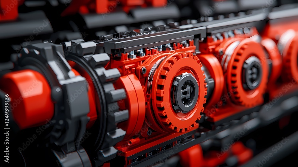Fototapeta premium A close-up of intricate mechanical components featuring vibrant red and black elements, showcasing precision engineering and design.