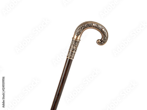 Vintage old crook handle walking stick isolated on white background.