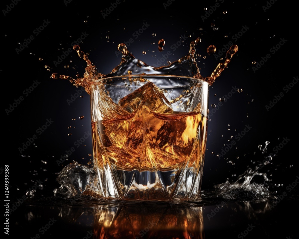 Whiskey Splash: Isolated Shot of Dark Whiskey Splash on Black Background - Drink and Alcohol Concept Whiskey Splash: Isolated Shot of Dark Whiskey Splash on Black Background - Drink and Alcohol Concept