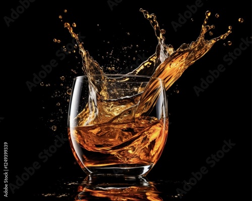 Whiskey Splash Isolated on Black Background. Dark and Moody Drink Photography with Liquid Alcohol in Glasses and Liqueur Splashes photo