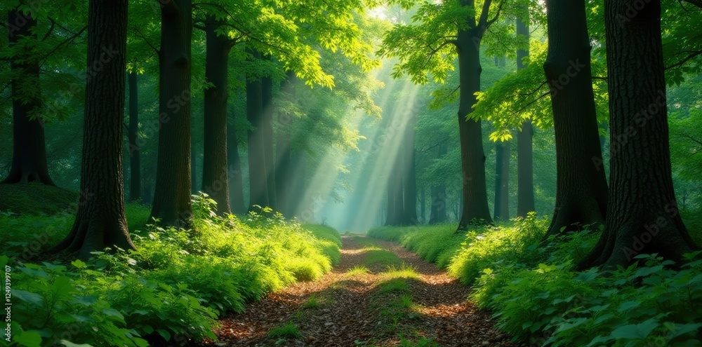 Fototapeta premium Overgrown coniferous forest with deciduous trees, leafy canopy, shaded path, natural scenery