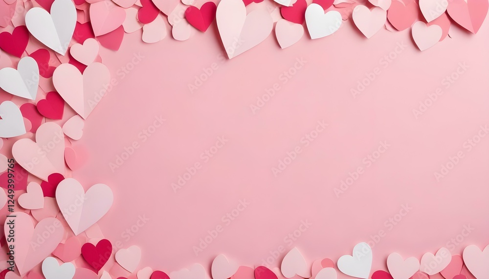 Un fondo rosa claro en blanco rodeado de varios corazones de papel en tonos de rosa y blanco, dispuestos en un borde decorativo Un fondo rosa claro en blanco rodeado de varios corazones de papel en tonos de rosa y blanco, dispuestos en un borde decorativo