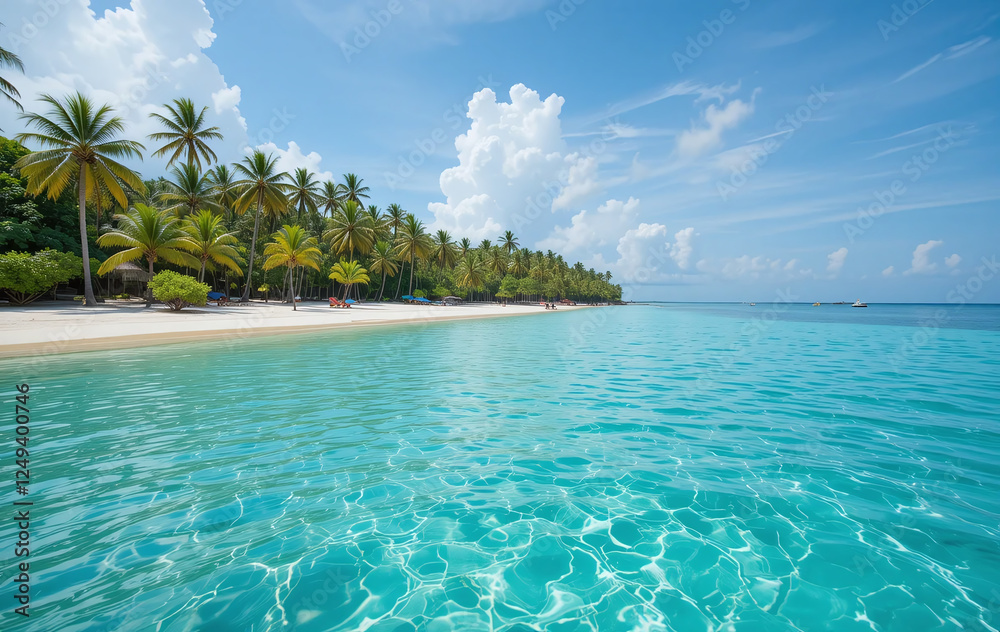 Fototapeta premium A tropical island with turquoise water, white sand, palm trees, paradise vacation.