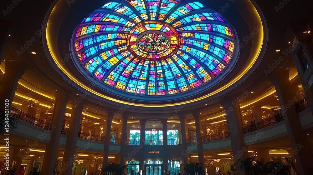 Obraz premium A colorful stained glass dome illuminates a spacious atrium with elegant lighting.