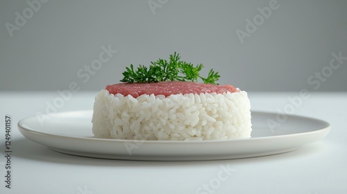 Rice and meat dish, studio shot, on white plate photo