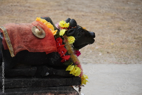 Decorated nandi Statue with Floral Garlands photo