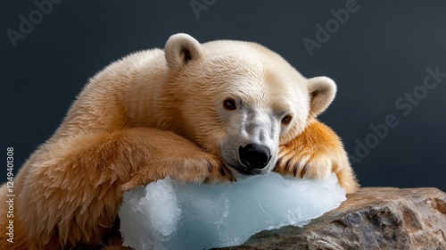 This striking image features a serene polar bear resting on a chunk of ice in a beautiful, cold environment, showcasing the grace of wildlife in the Arctic landscape.