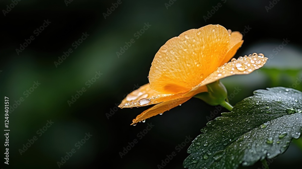 An elegant yellow flower showcased in close-up, adorned with glistening water droplets on its petals, exudes a sense of freshness and vibrant beauty in nature.