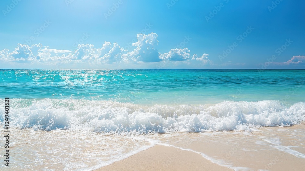 A scenic beach view with waves crashing on the sandy shore under a clear blue sky A scenic beach view with waves crashing on the sandy shore under a clear blue sky