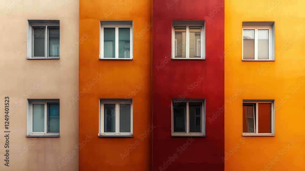 This captivating image showcases a building's facade painted in earthy tones of browns and yellows, with geometric windows, casting intricate shadows on the wall. This captivating image showcases a building's facade painted in earthy tones of browns and yellows, with geometric windows, casting intricate shadows on the wall.