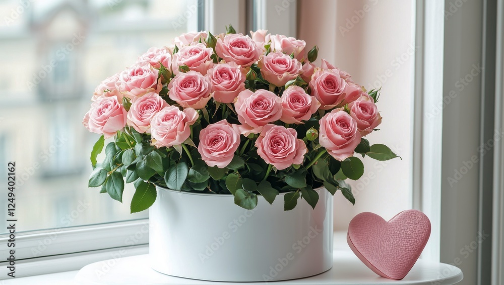 Obraz premium Pink roses in a white pot with a heart-shaped box on a windowsill in a sunny room