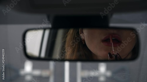 Inside a parked car, a woman prepares for her day by applying lipstick. She carefully checks her appearance in the mirror, showcasing her beauty routine in a brief moment of self-care. Handheld video.