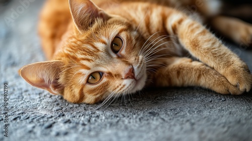 Relaxing orange cat lying comfortably on a soft surface in a cozy indoor setting