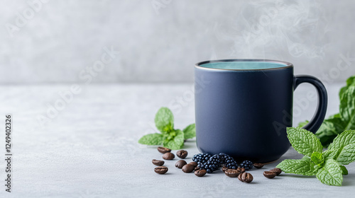 Blue Ceramic Mug With Mint Leaves, Coffee Beans, and Blackberrie photo