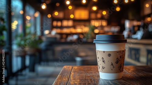 Warm cup of coffee on a wooden table in a cozy cafe during evening hours