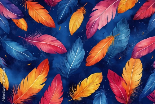 Colorful feathers in vibrant hues against a dark blue background create a liv...