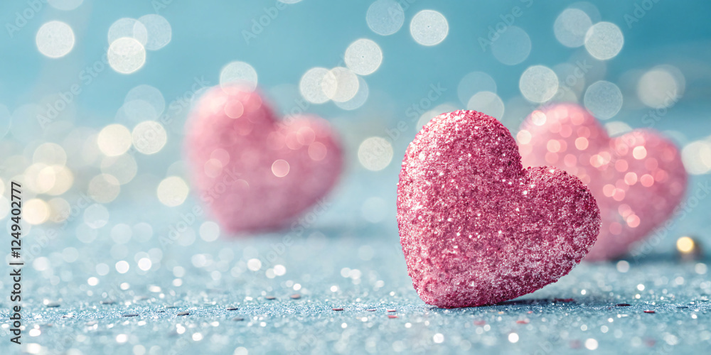Obraz premium Pink glitter hearts on a sparkling blue background with bokeh lights, perfect for Valentine's Day or romantic themes