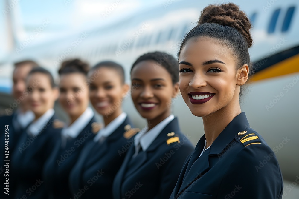 Diverse flight crew in front of an airplane, multicultural airline team at work Diverse flight crew in front of an airplane, multicultural airline team at work