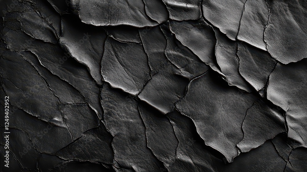 A dark abstract background displays cracked and wrinkled leather texture A dark abstract background displays cracked and wrinkled leather texture