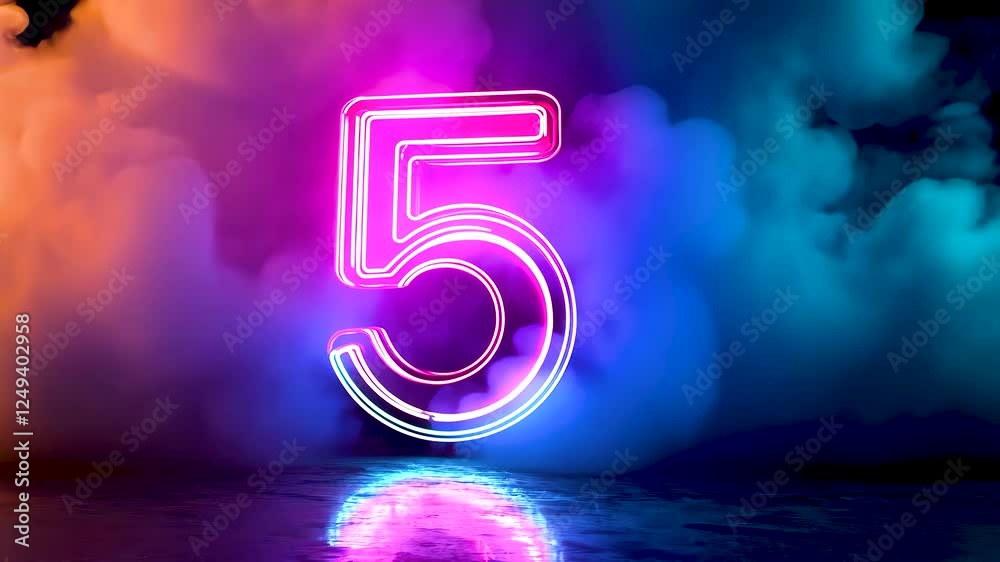 Neon number five glows in colors
