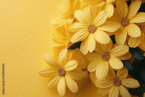 Bright yellow flowers arranged artistically on a vivid yellow background show...