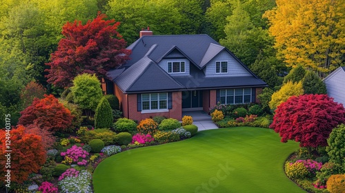 Beautiful suburban home surrounded by vibrant autumn foliage in a serene neig...