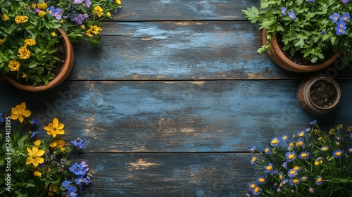 Potted flowers arranged on a rustic blue wooden surface in a home gardening s...