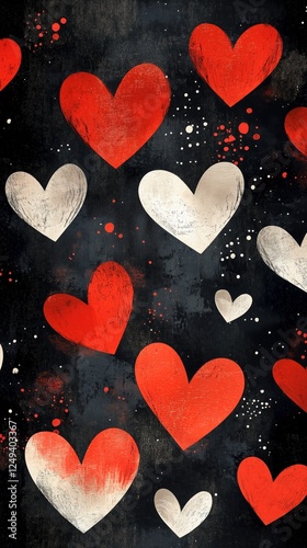 Colorful hearts pattern on dark background with splashes and texture for fest...