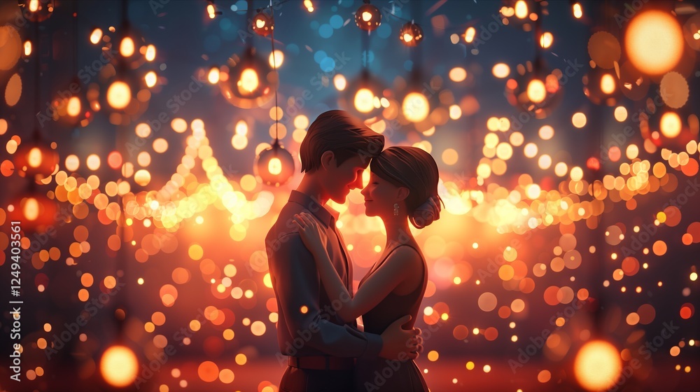 A romantic couple embracing in a dreamy, illuminated atmosphere with soft lights. A romantic couple embracing in a dreamy, illuminated atmosphere with soft lights.