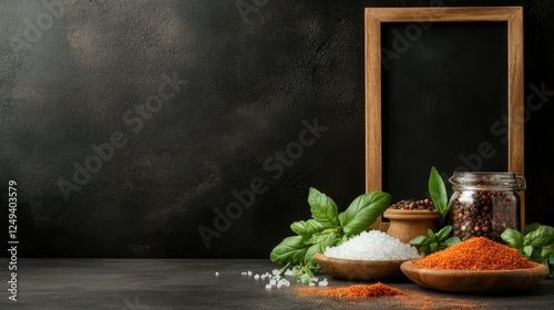 An artistic display of various spices, herbs, and ingredients arranged on a dark background, creating a captivating visual representation of culinary diversity and richness. photo