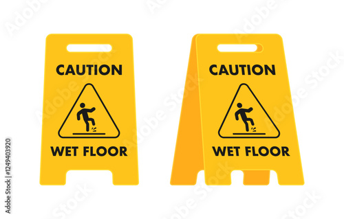 Yellow caution wet floor warning signs preventing slipping accident