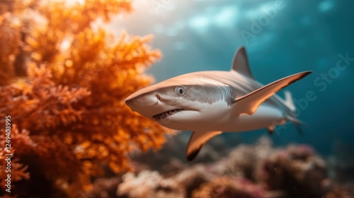 Wallpaper Mural A striking image of a shark swimming through clear ocean waters filled with colorful coral, symbolizing the beauty and vitality of marine ecosystems and underwater biodiversity. Torontodigital.ca