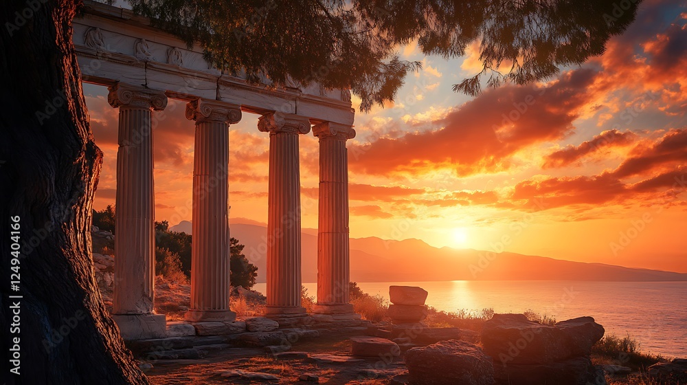 Fototapeta premium Temple of Poseidon at Sunset, Greece: A Golden Hour Masterpiece
