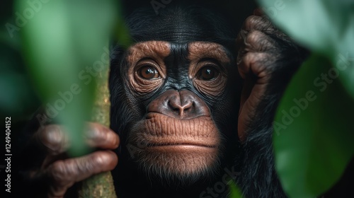 This striking image features an expressive chimpanzee peeking through the lush greenery, displaying a deep connection with its natural habitat and a sense of curiosity.
