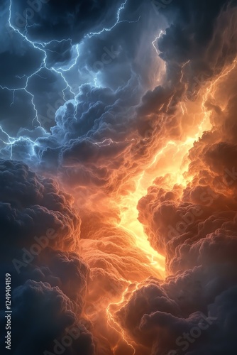 Dramatic storm clouds with lightning illuminating the dark sky. photo