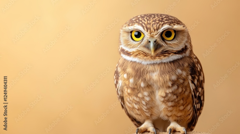 Naklejka premium This image features a beautiful owl with distinctive yellow eyes, showcasing its intricate feather patterns against a soft, warm-toned background, embodying nature's stunning beauty.