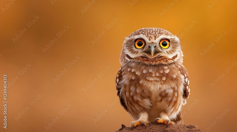 This captivating image features a charming owl with striking yellow eyes, beautifully capturing its intricate feather patterns against a warm, blurred background. This captivating image features a charming owl with striking yellow eyes, beautifully capturing its intricate feather patterns against a warm, blurred background.